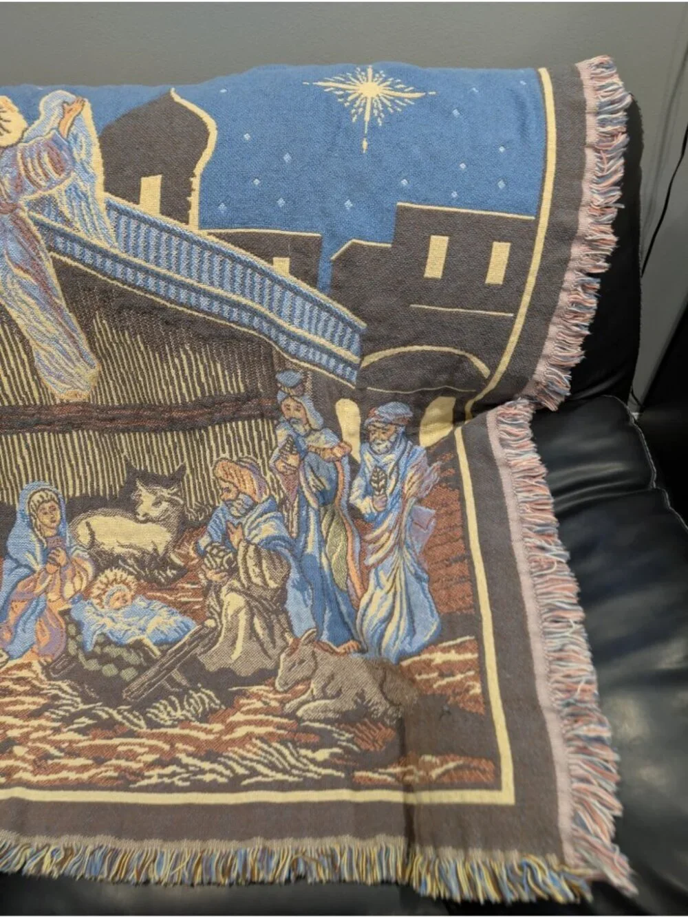 Goodwin Weavers Tapestry Throw Blanket Fringe Trim Nativity 46” X 55” Vintage